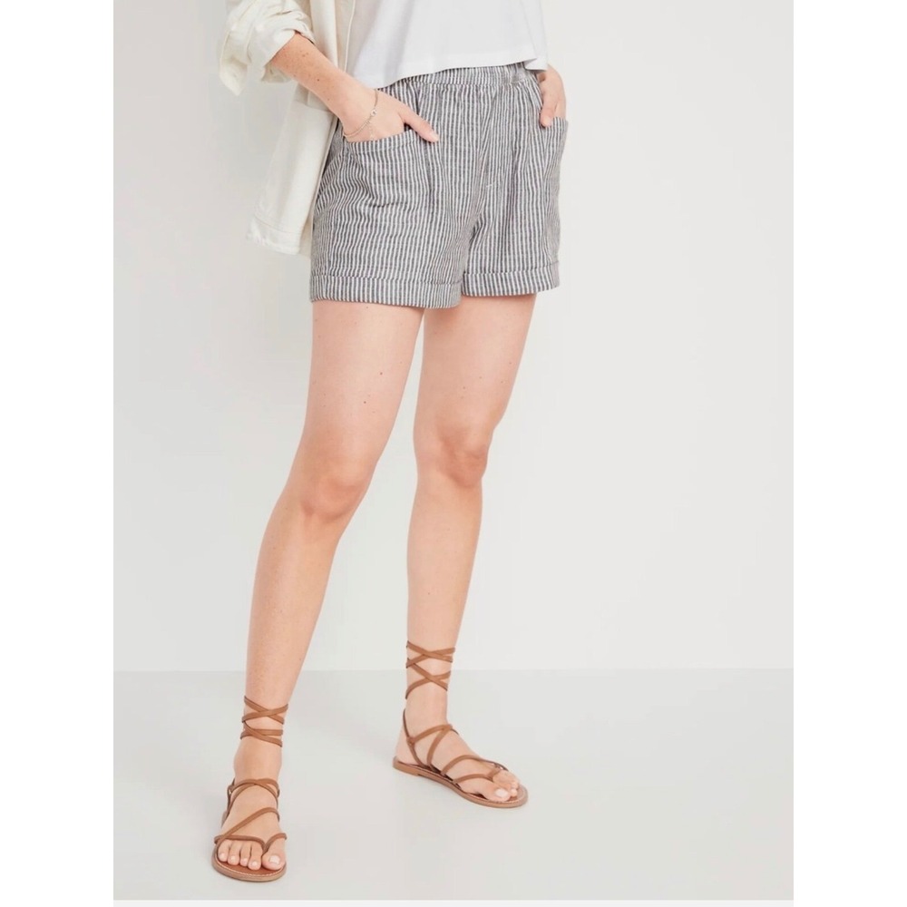 Old Navy High-Rise‎ Linen Blend Striped Shorts Grey White Size L Women Coastal